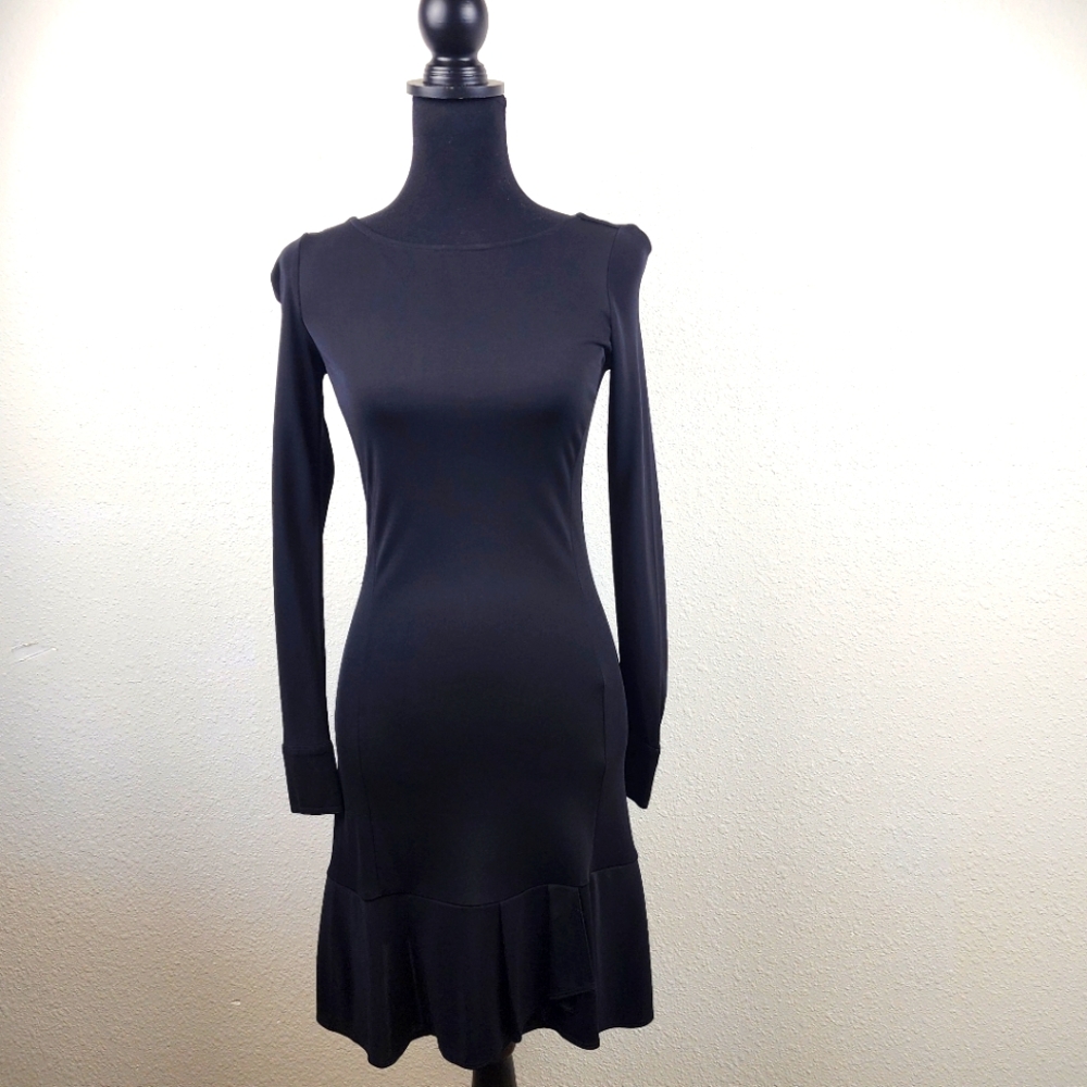 Tory Burch Black Jersey Long Sleeve Flounce Hem Cocktail Mini Dress Small LBD